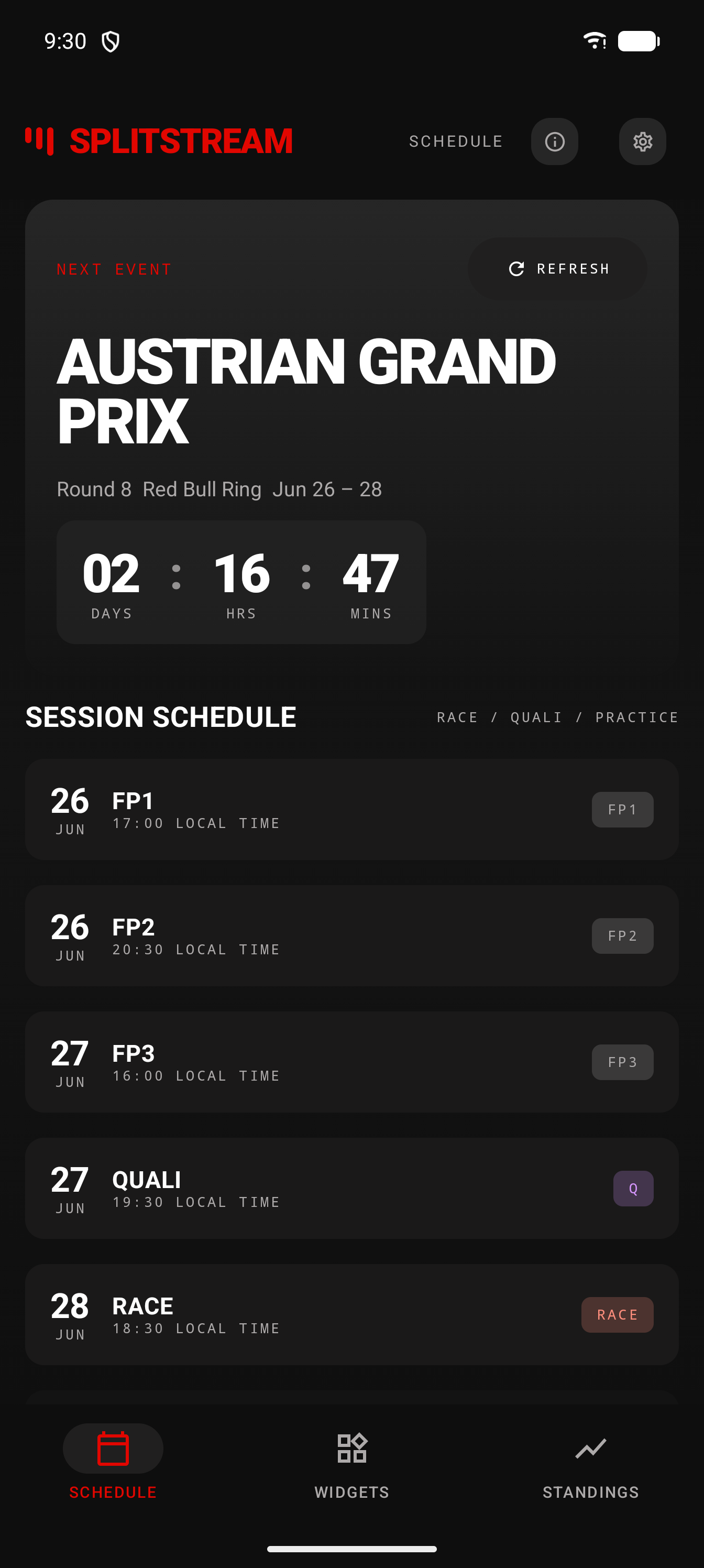 SplitStream schedule home screen